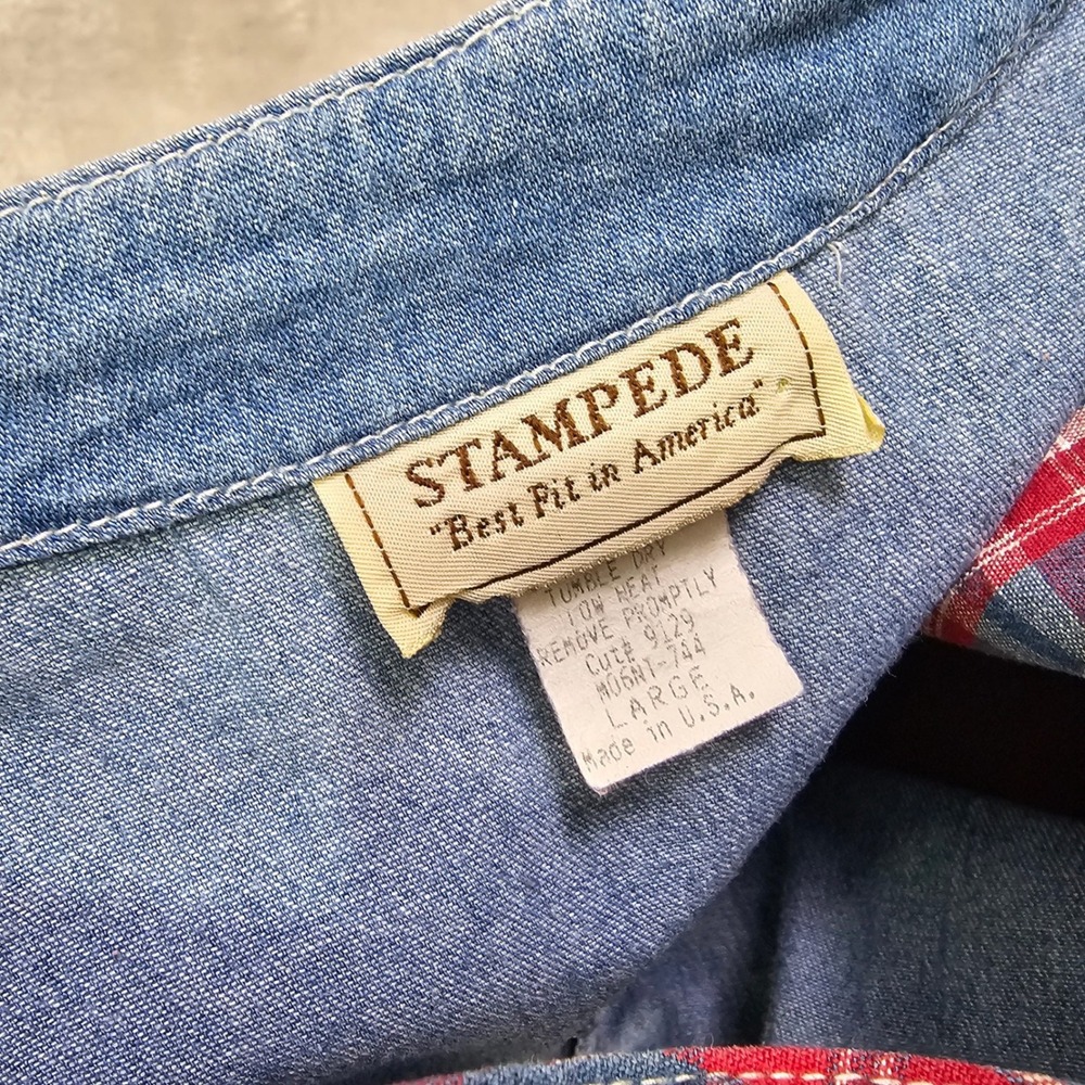 Vintage Stampede Denim Plaid Vest USA 90s Western Patchwork Button L - Picture 6 of 7